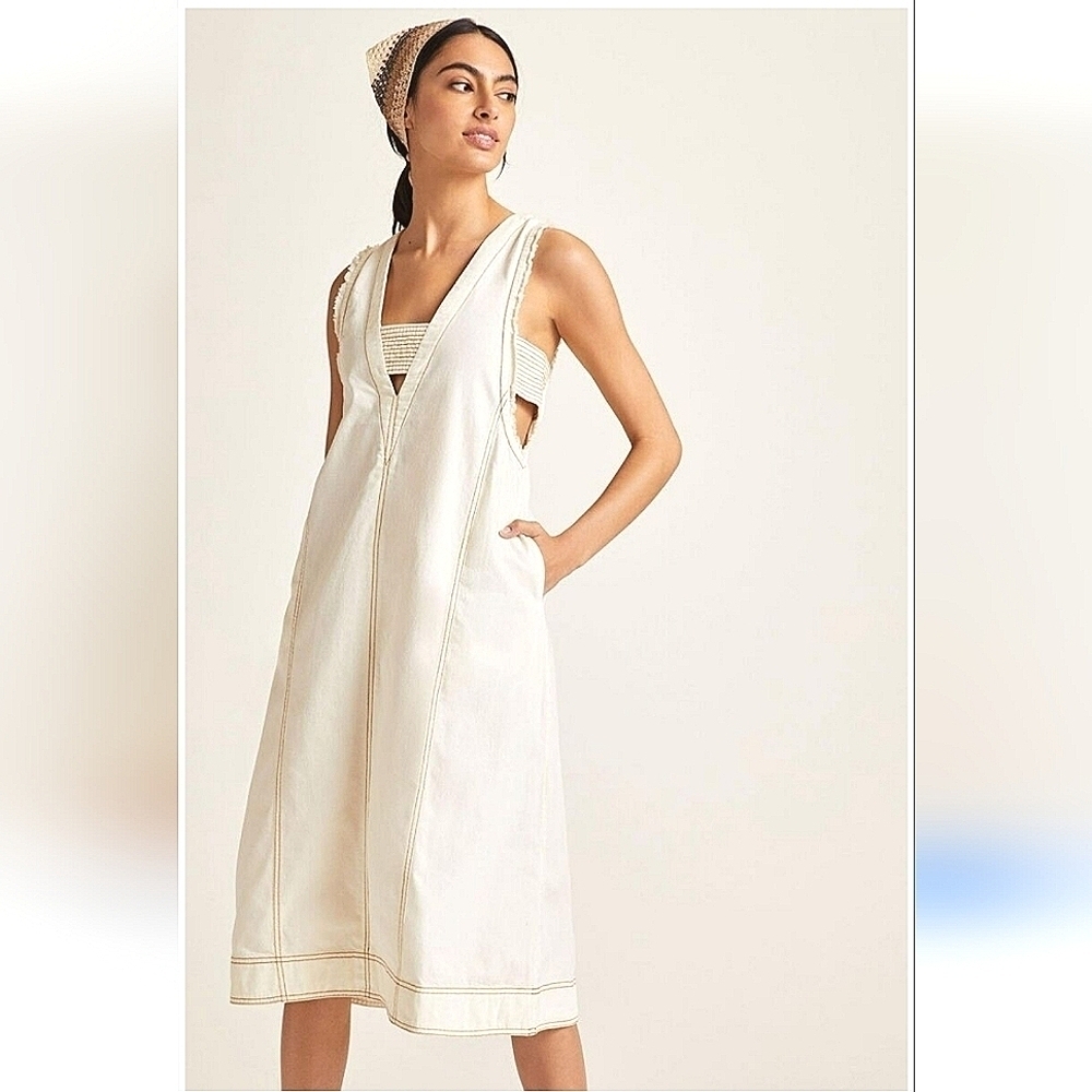 NWT Anthropologie Pilcro Cotton Midi Dress XS Ivory Utility Pinafore Dress. - Picture 2 of 15